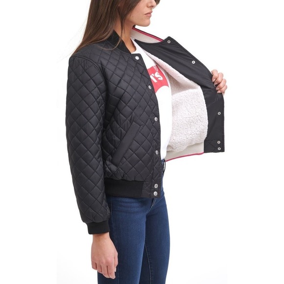 Levi's‎ Women's Black Quilted Bomber Jacket Sherpa Lined Snap Front Size Small - Picture 2 of 14